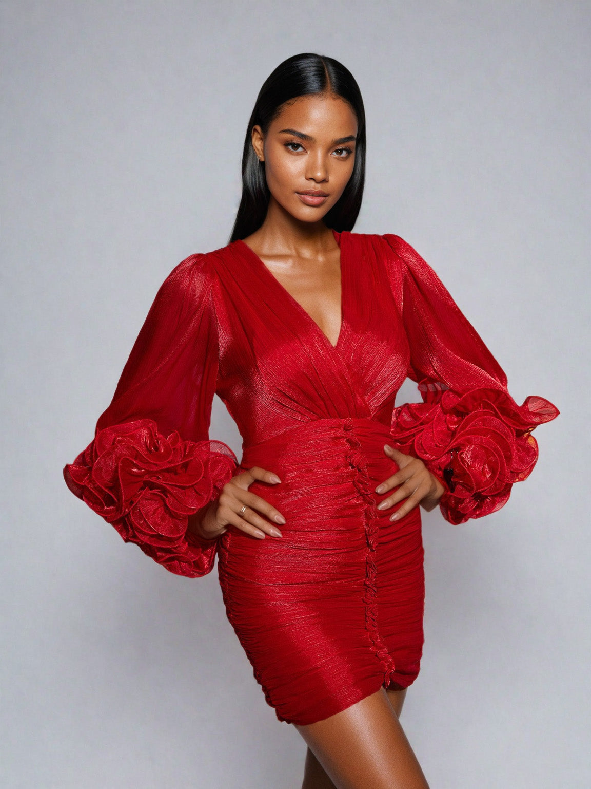 Anneline V Yaka Fırfırlı Mini Elbise Kırmızı