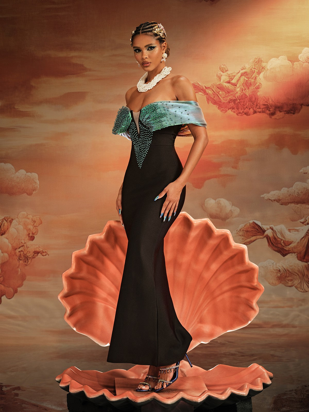 Ajani Off Shoulder Boncuklu Bandaj Maxi Elbise