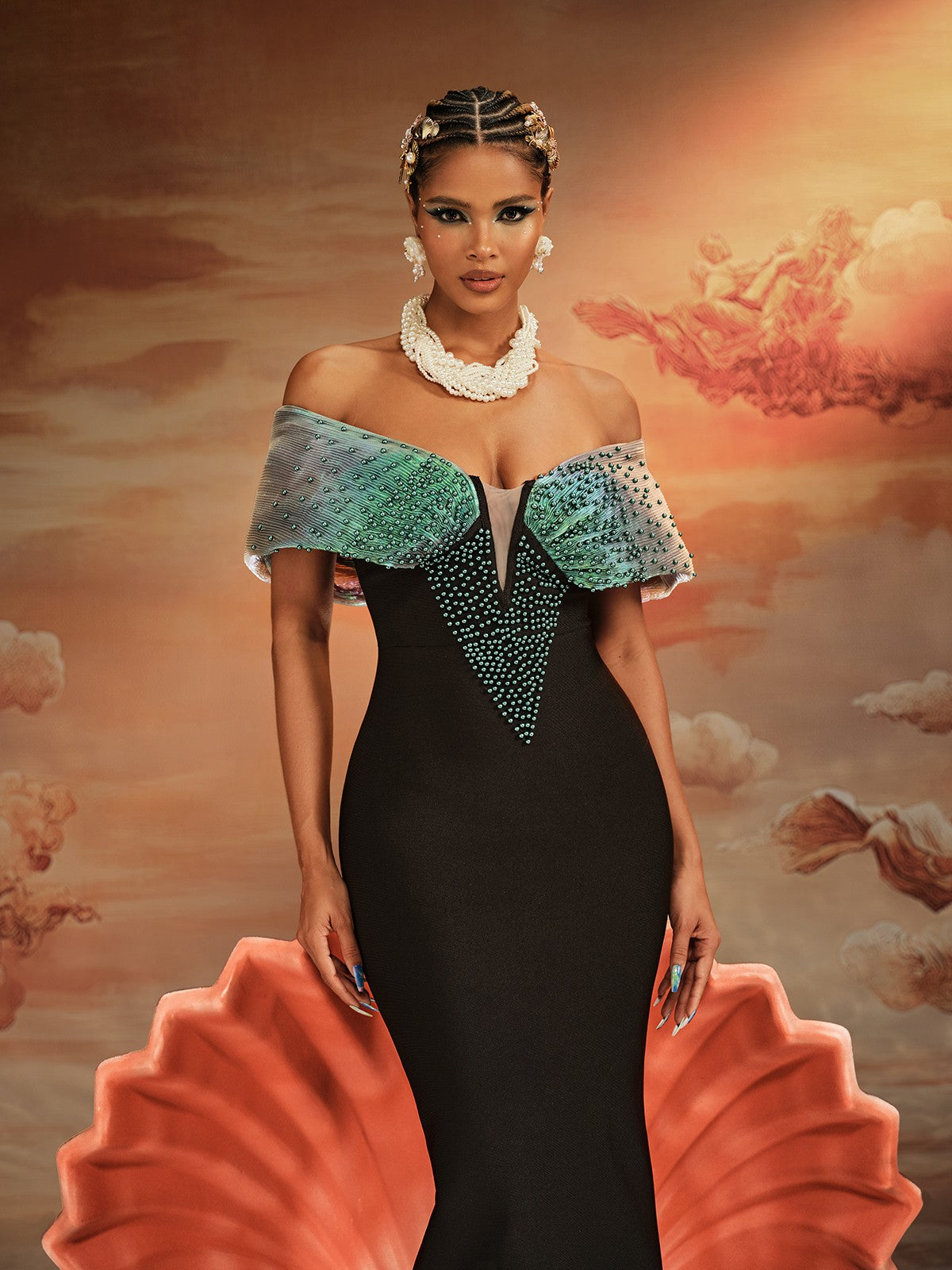 Ajani Off Shoulder Boncuklu Bandaj Maxi Elbise