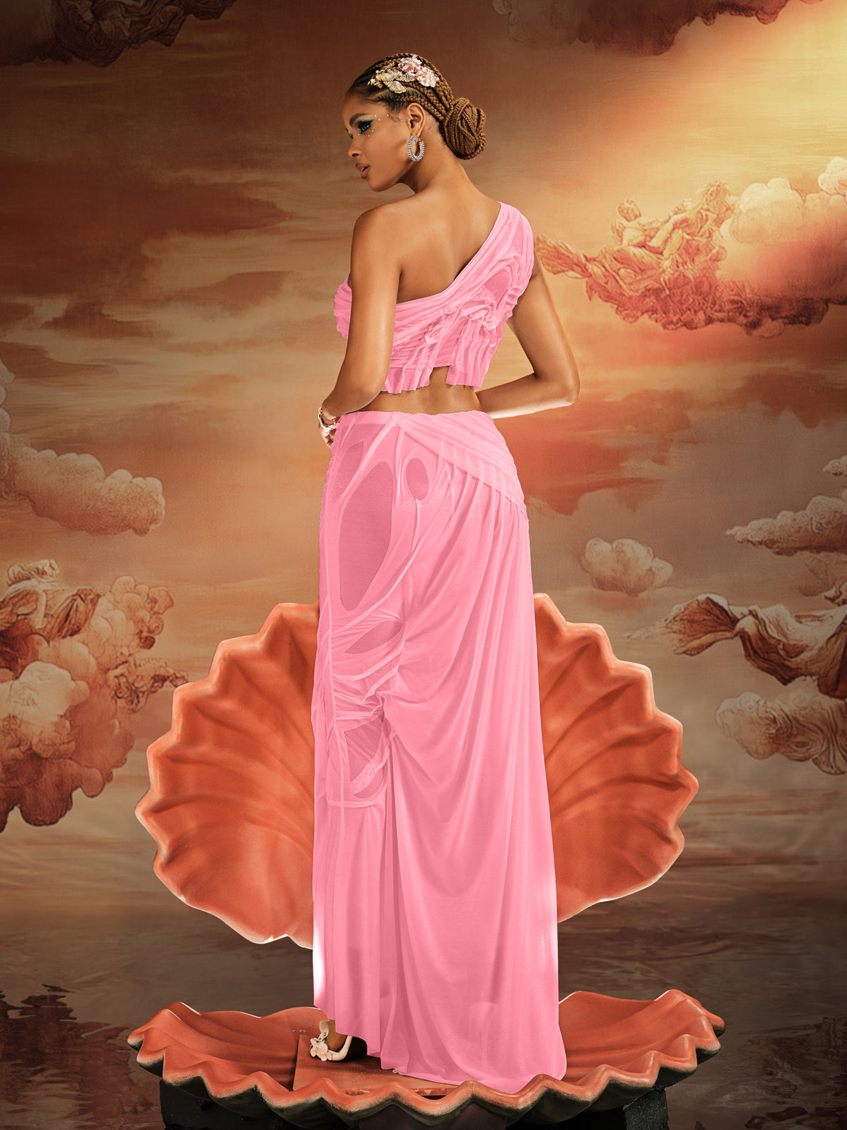 Akiye Tek Omuz Ruch Skirt Seti Pembe