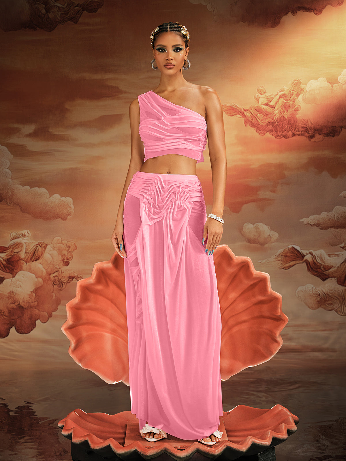 Akiye Tek Omuz Ruch Skirt Seti Pembe