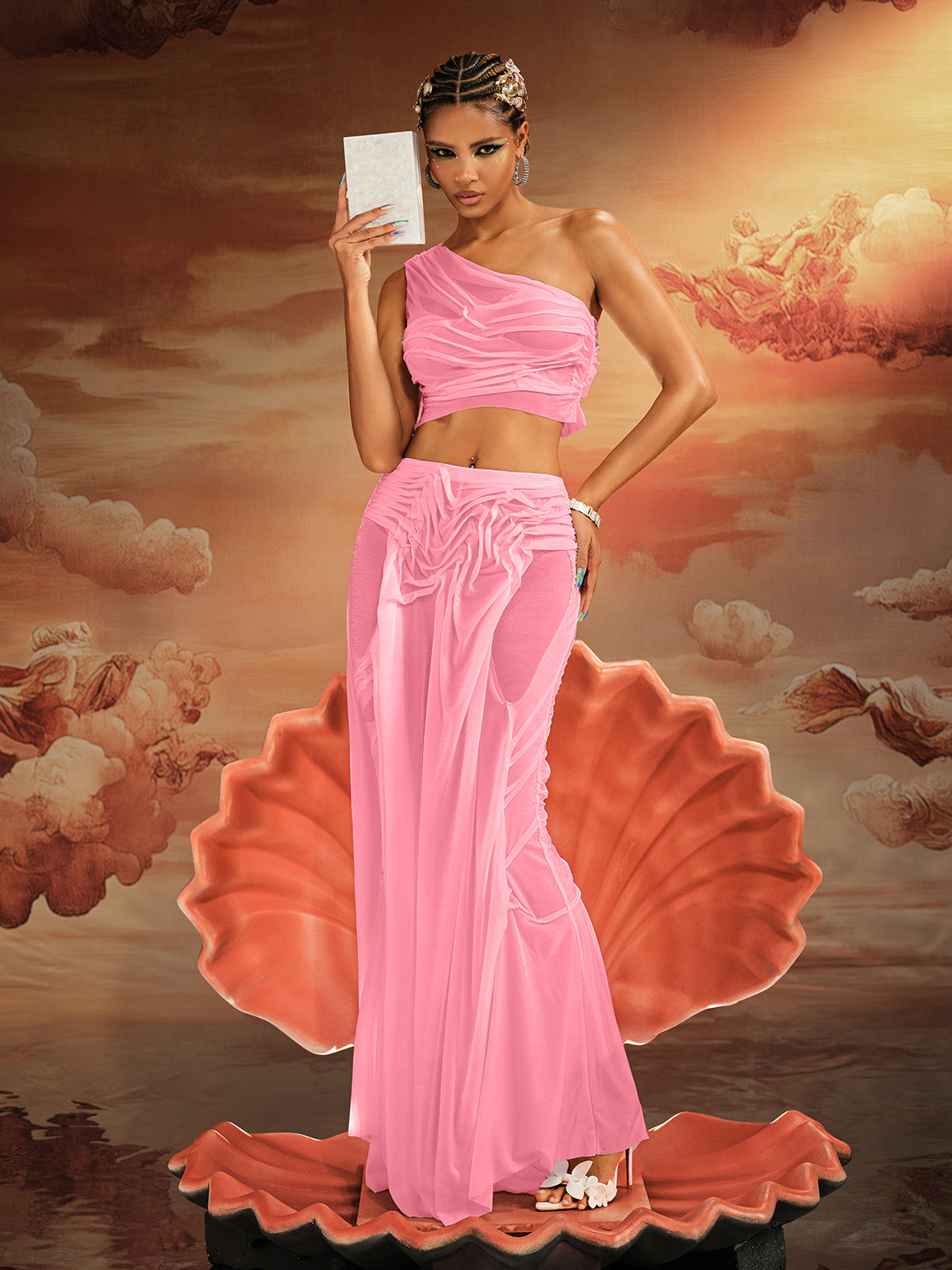 Akiye Tek Omuz Ruch Skirt Seti Pembe