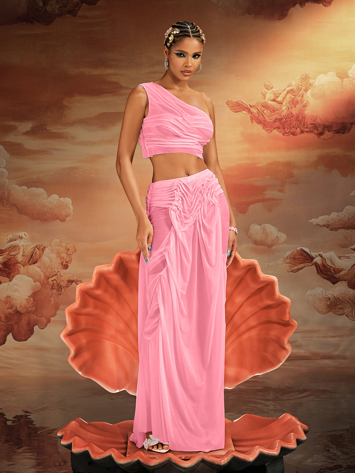 Akiye Tek Omuz Ruch Skirt Seti Pembe