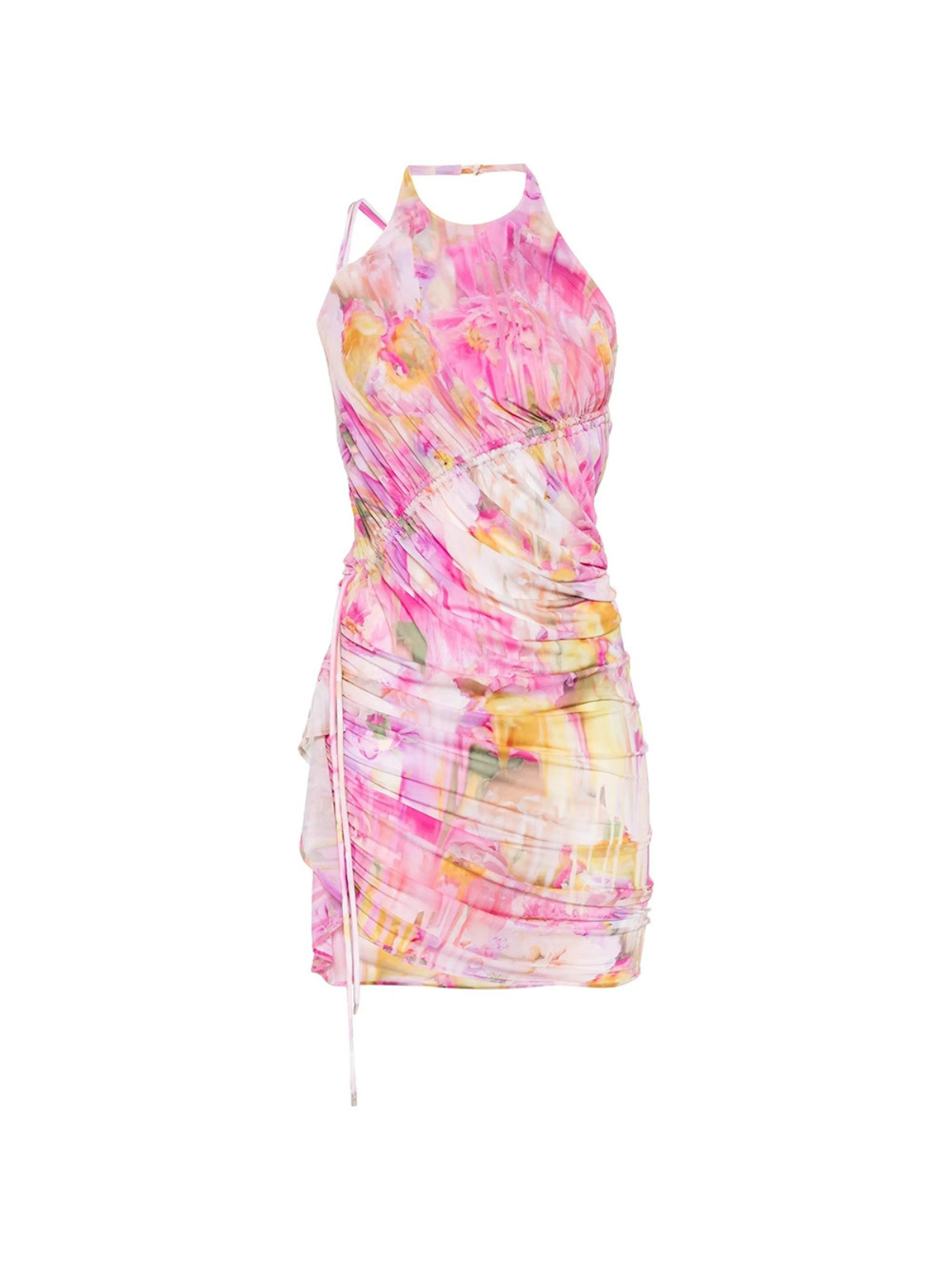 Aldiva Halter Yaka Baskılı Fırfırlı Mini Elbise