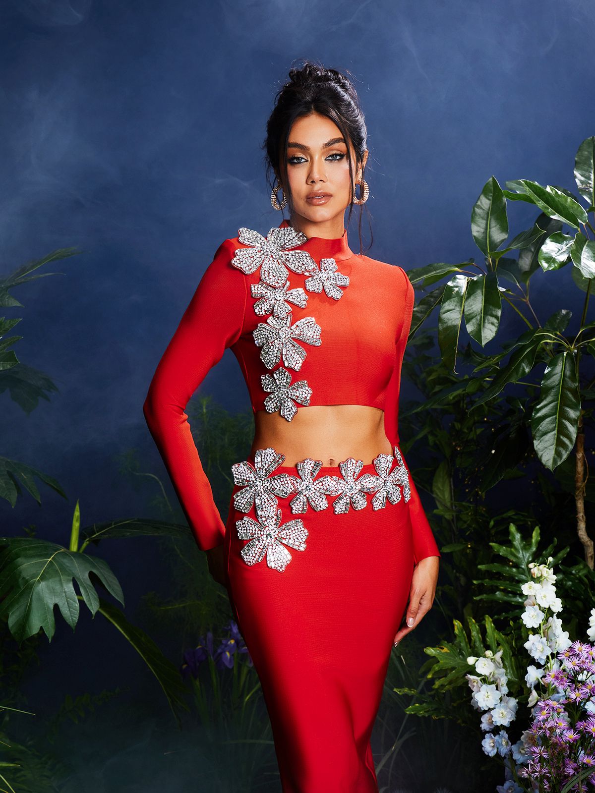 Almira Uzun Kollu Çiçekli Bandaj Etek Seti Kırmızı