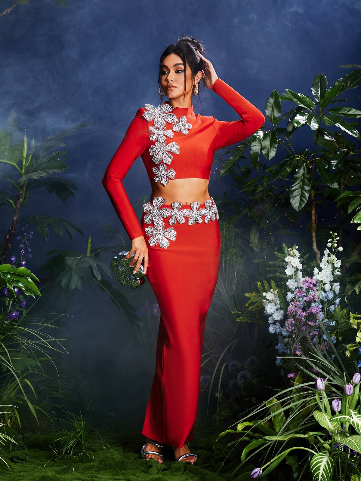 Almira Uzun Kollu Çiçekli Bandaj Etek Seti Kırmızı