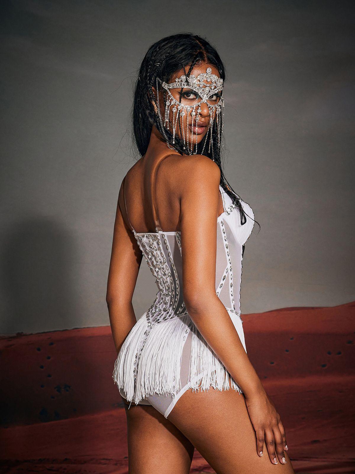 Amiri Straplez Rhinestone Fringe Bodysuit