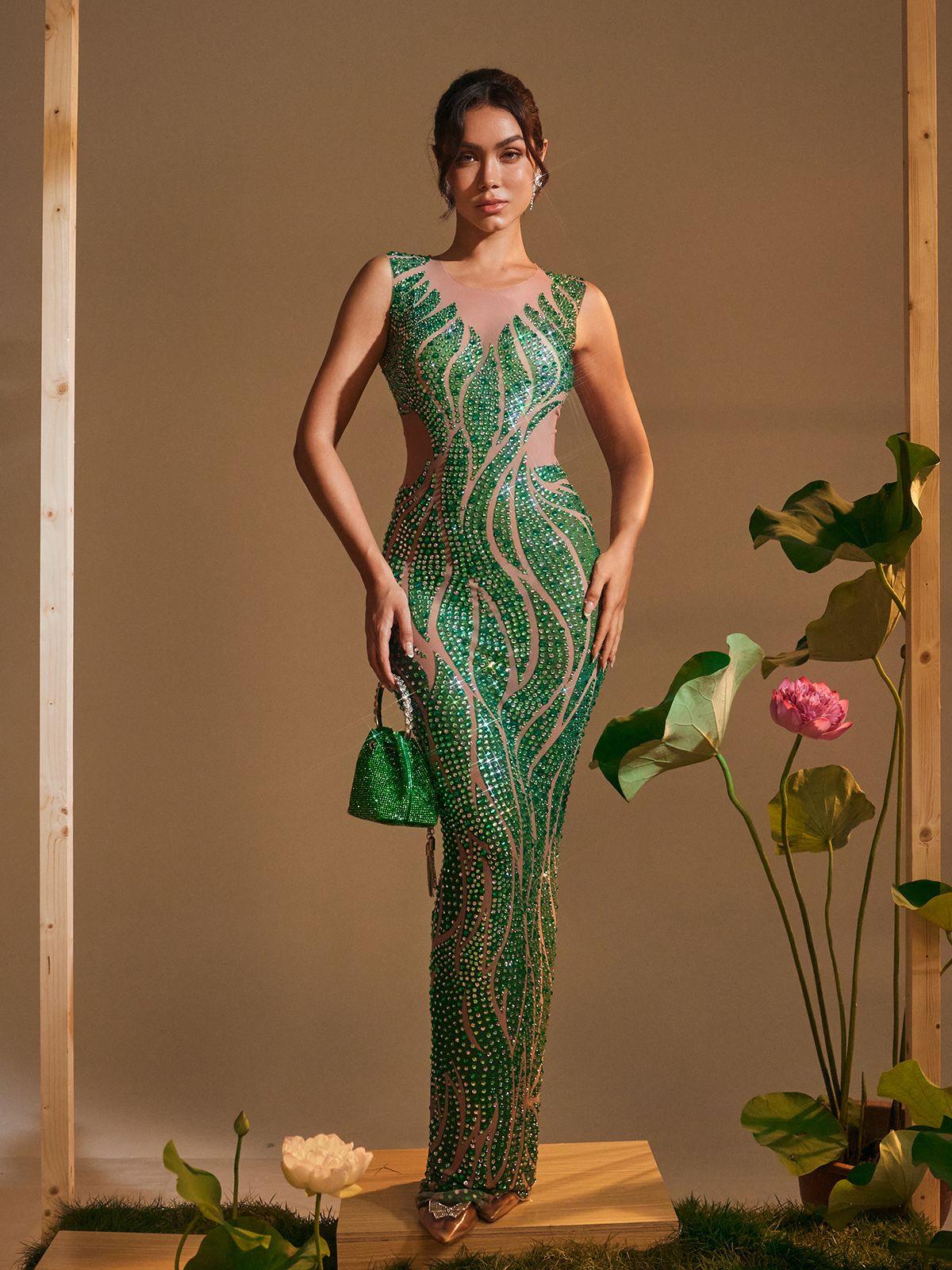 Anabia Yuvarlak Yaka Baskılı Rhinestone Maxi Elbise