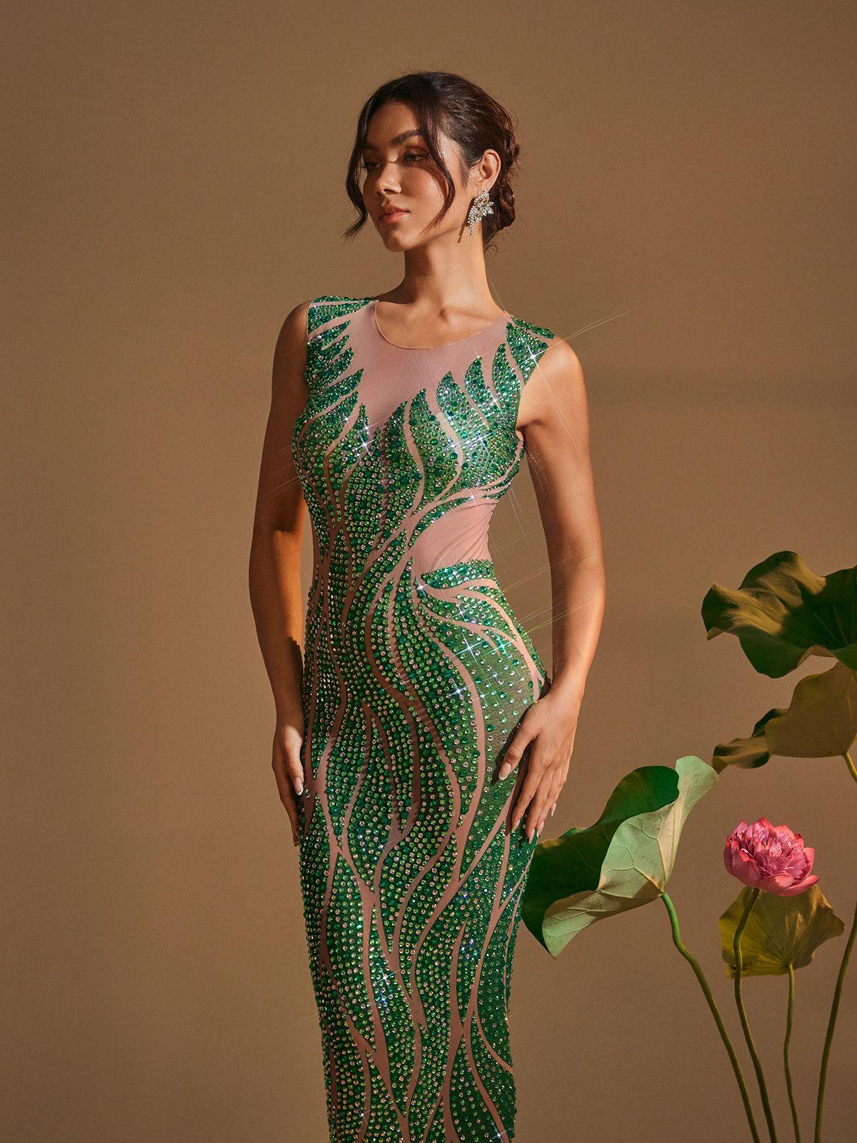 Anabia Yuvarlak Yaka Baskılı Rhinestone Maxi Elbise