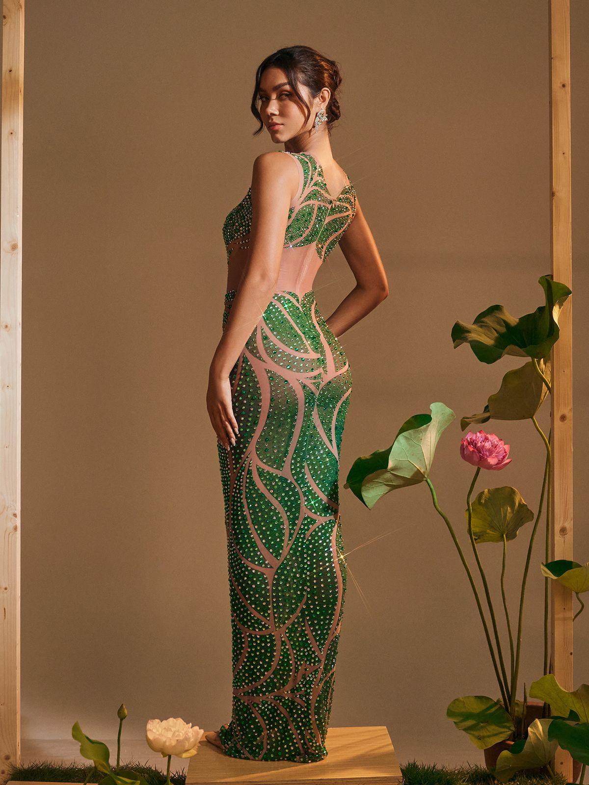 Anabia Yuvarlak Yaka Baskılı Rhinestone Maxi Elbise