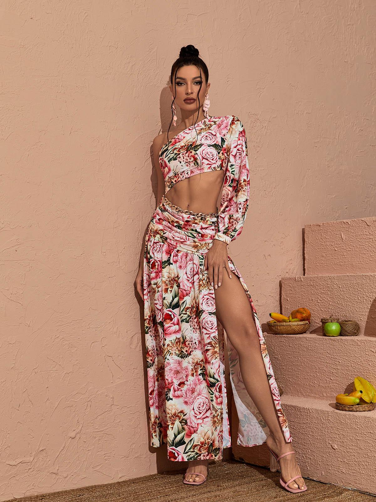 Annabella Tek Omuzlu Çiçekli Kesik Maxi Elbise Pembe