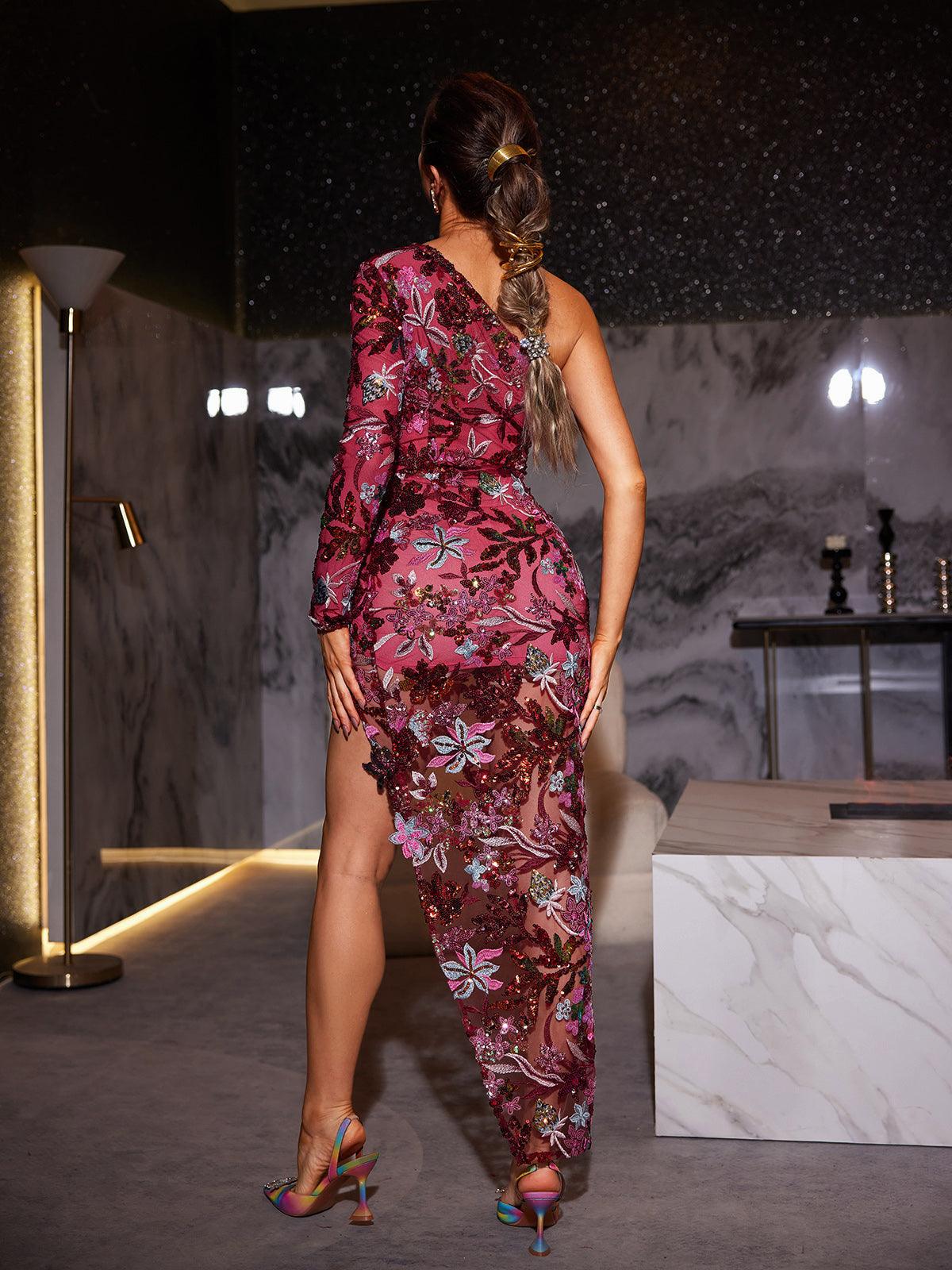 Annalee Tek Omuzlu Çiçek Payet Elbise