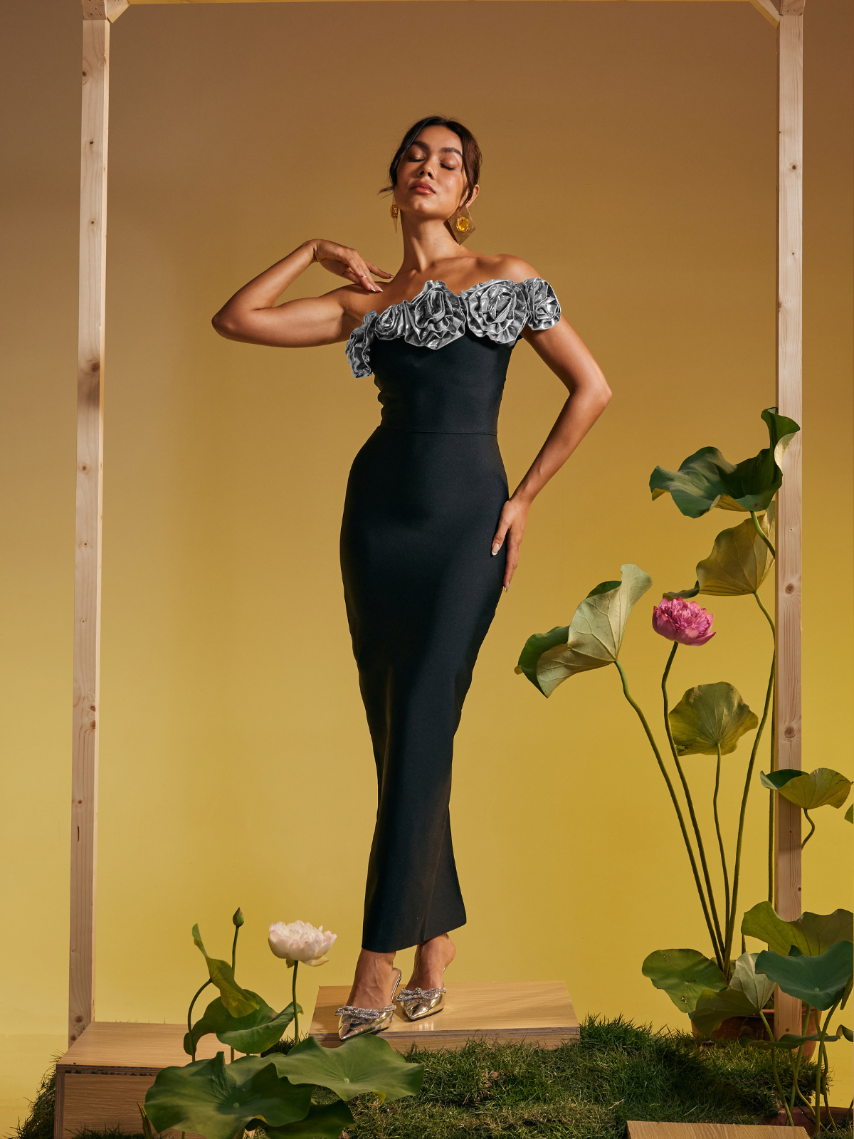 Arnau Tek Omuzlu Çiçek Bandaj Maxi Elbise Gümüş