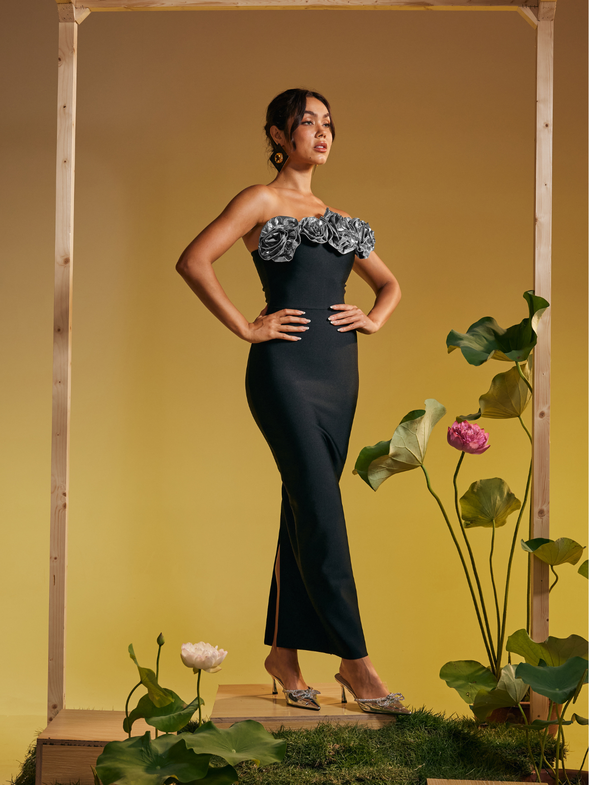 Arnau Tek Omuzlu Çiçek Bandaj Maxi Elbise Gümüş