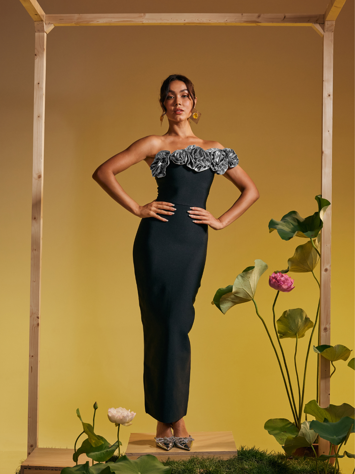 Arnau Tek Omuzlu Çiçek Bandaj Maxi Elbise Gümüş