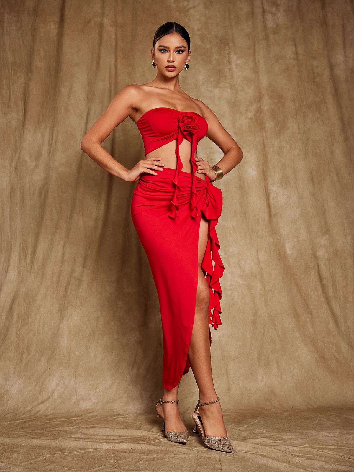 Arrietty Çiçek Süslemeli Yırtmaç Etek Seti Kırmızı