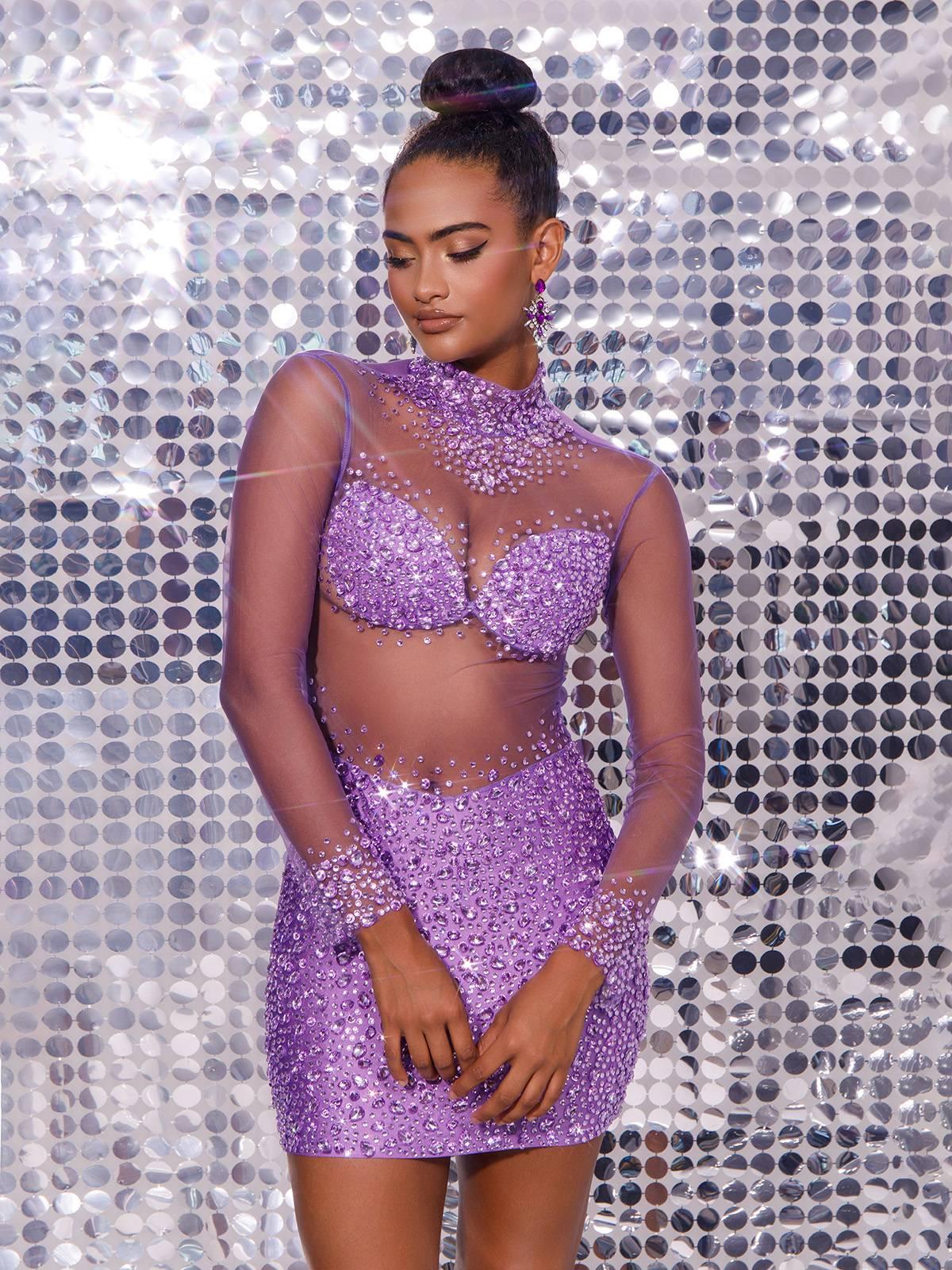 Mor Azami Mesh Kristal Mini Elbise