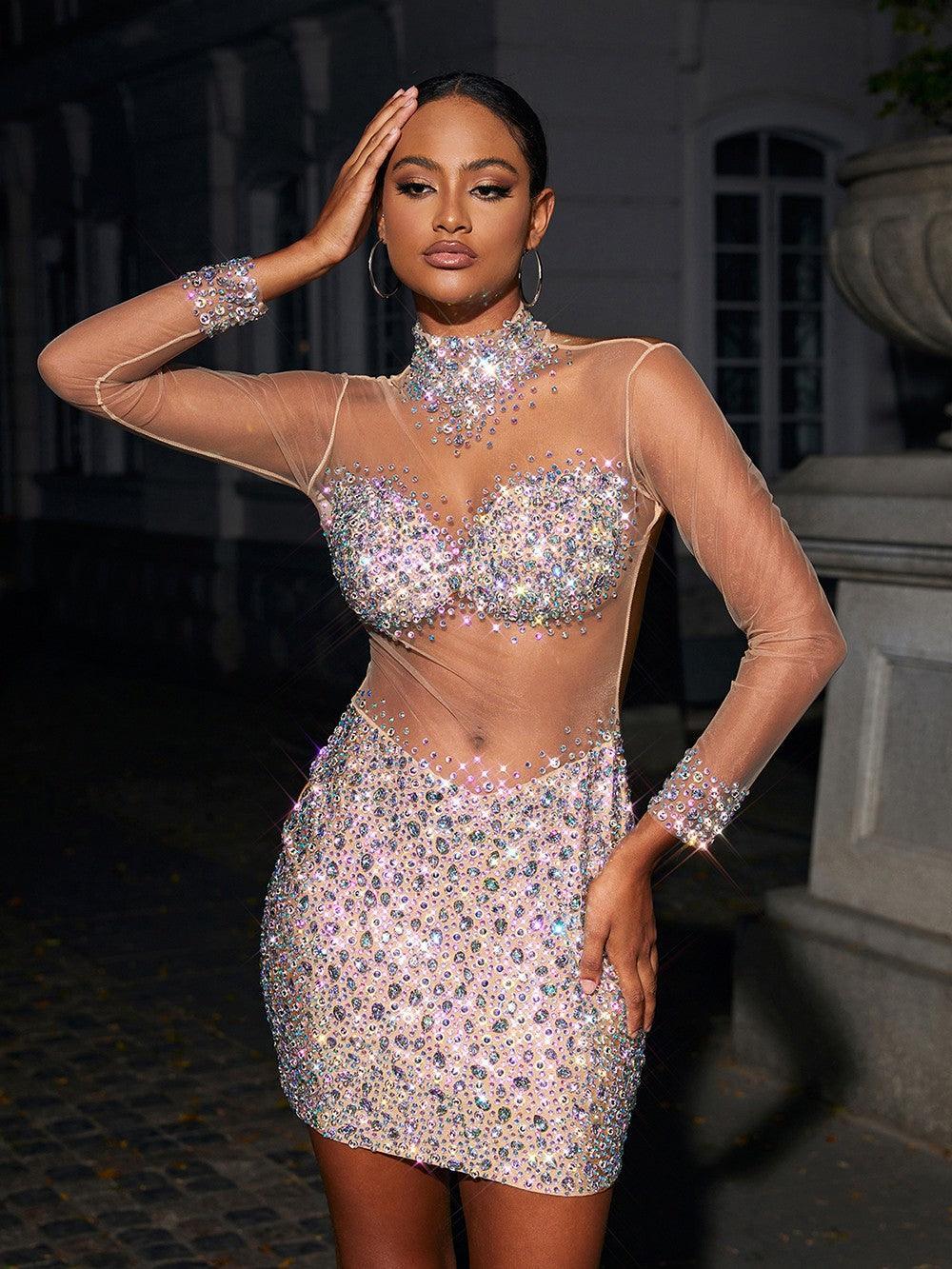 Azami Mesh Kristal Mini Elbise Gümüş