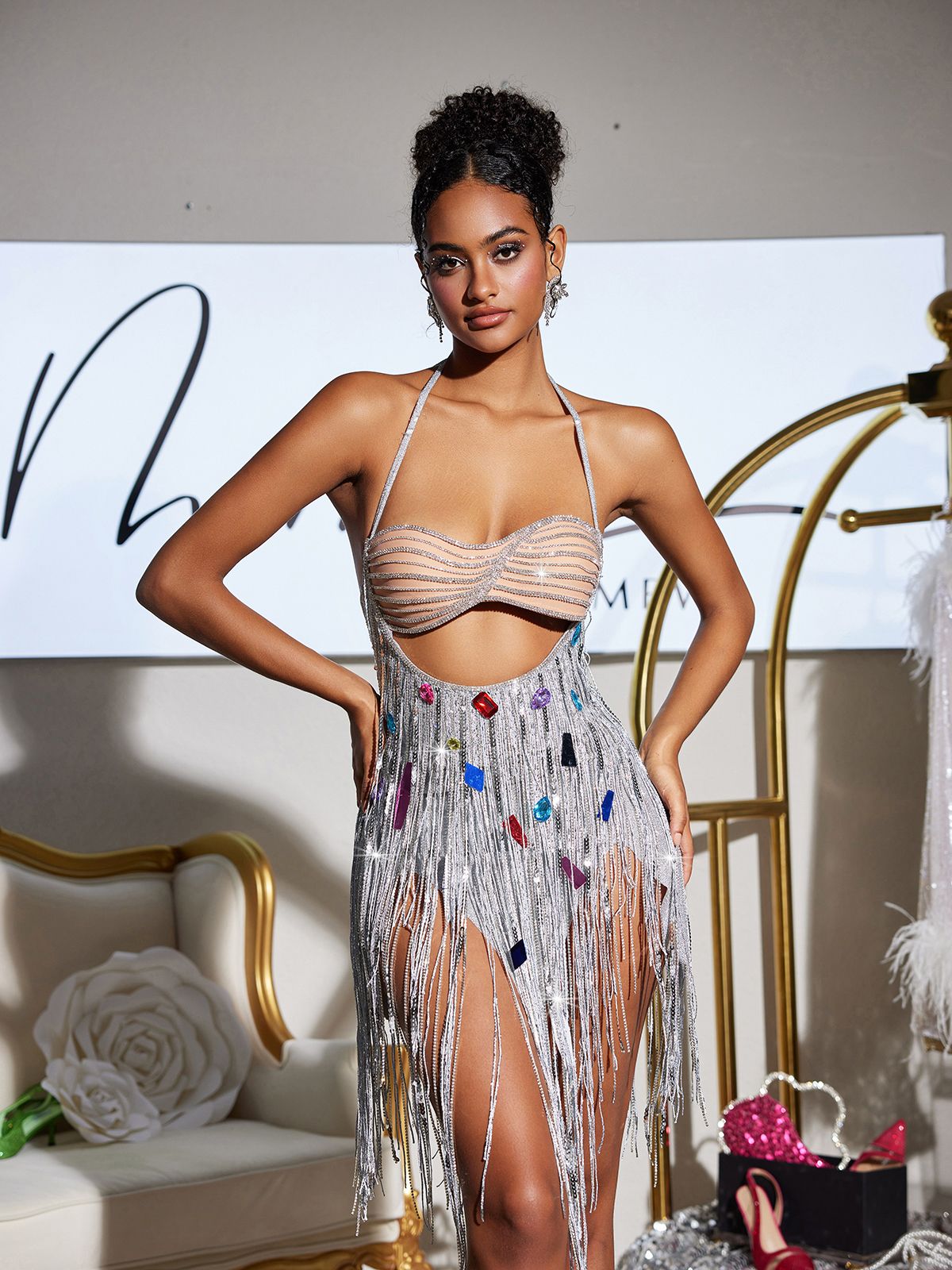 Bach Halter Yaka Kristal Zincir Püskül Mini Elbise