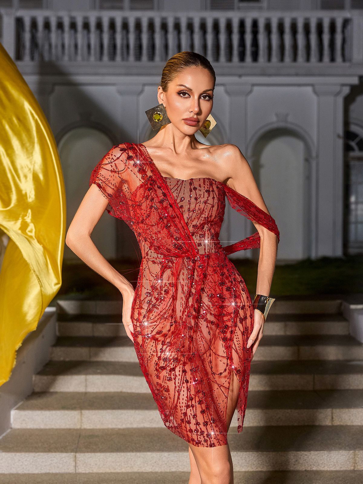 Bailee Bölmeli Pullu Mini Elbise Kırmızı