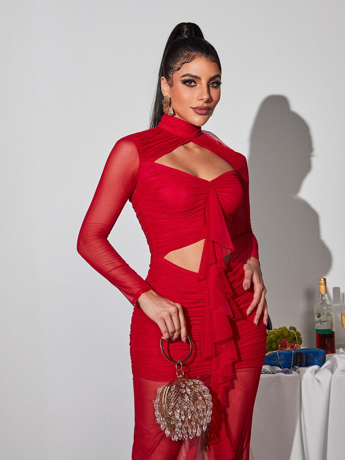 Bedelia Uzun Kollu Kesik Ağı Mesh Maxi Elbise