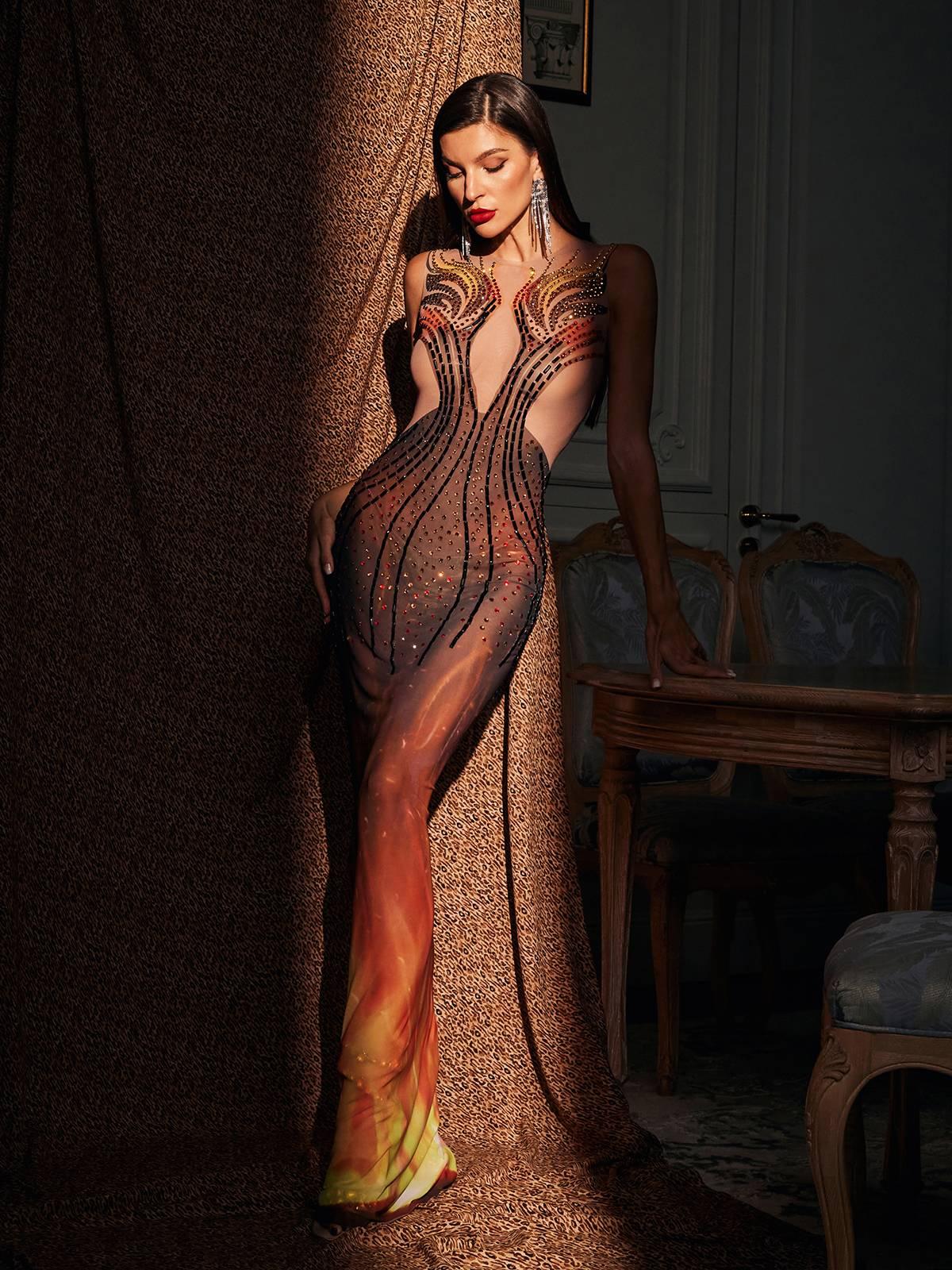 Bellezza Baskılı Rhinestone Maxi Elbise