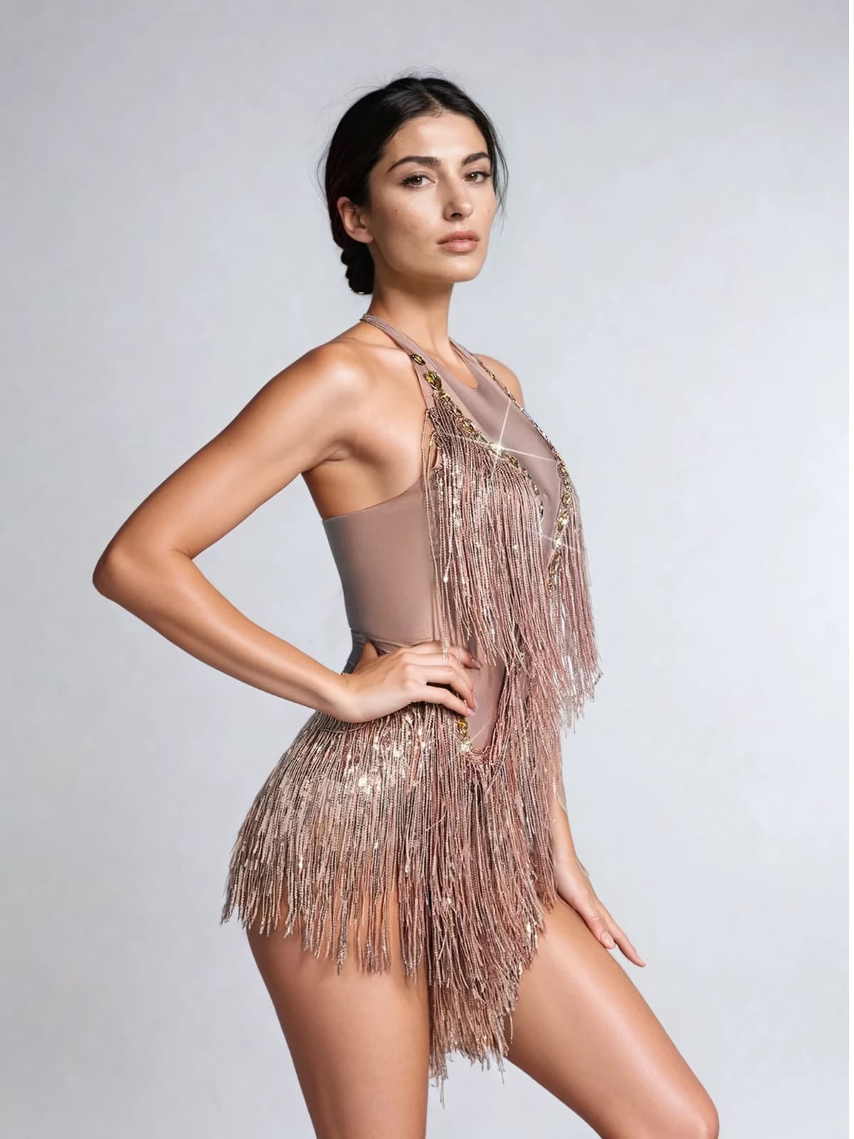 Benicio Halter Yaka Franj Detaylı Pullu Bodysuit
