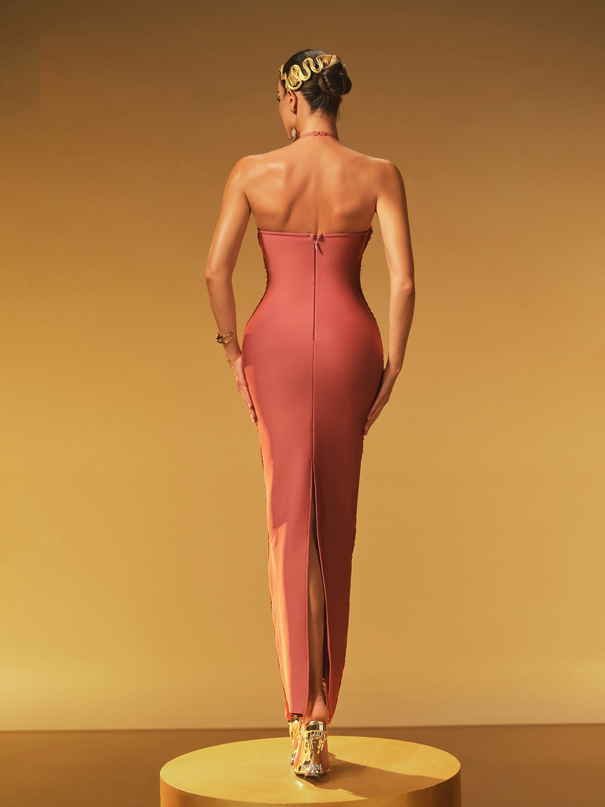 Bluma Halter Yaka Franjeli Maxi Elbise Kırmızı Kiremit