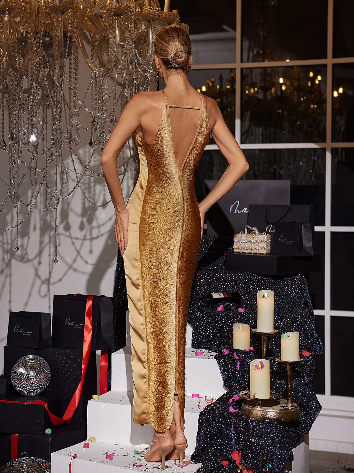 Bronz Bluma Halterneck Fringe Maxi Elbise