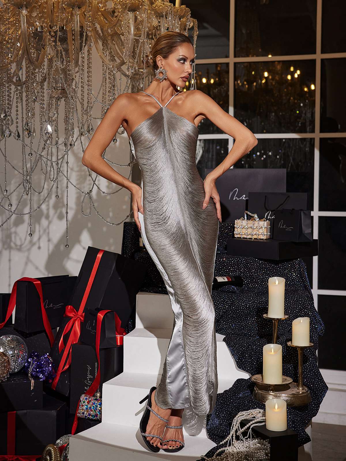 Bluma Halterneck Fringe Maxi Elbise Gri