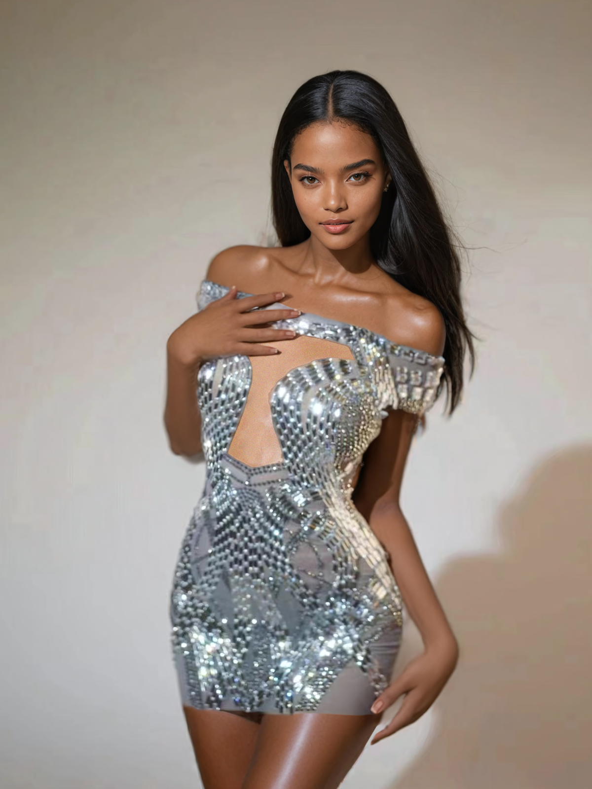 Bly Off Shoulder Rhinestone Mini Elbise Gümüş