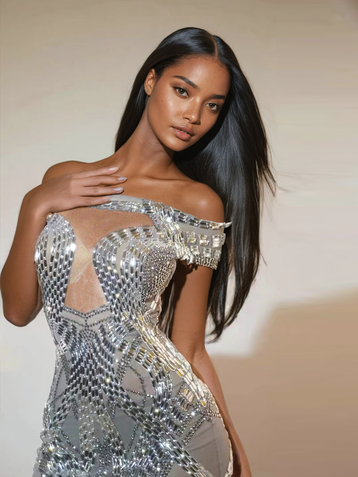 Bly Off Shoulder Rhinestone Mini Elbise Gümüş