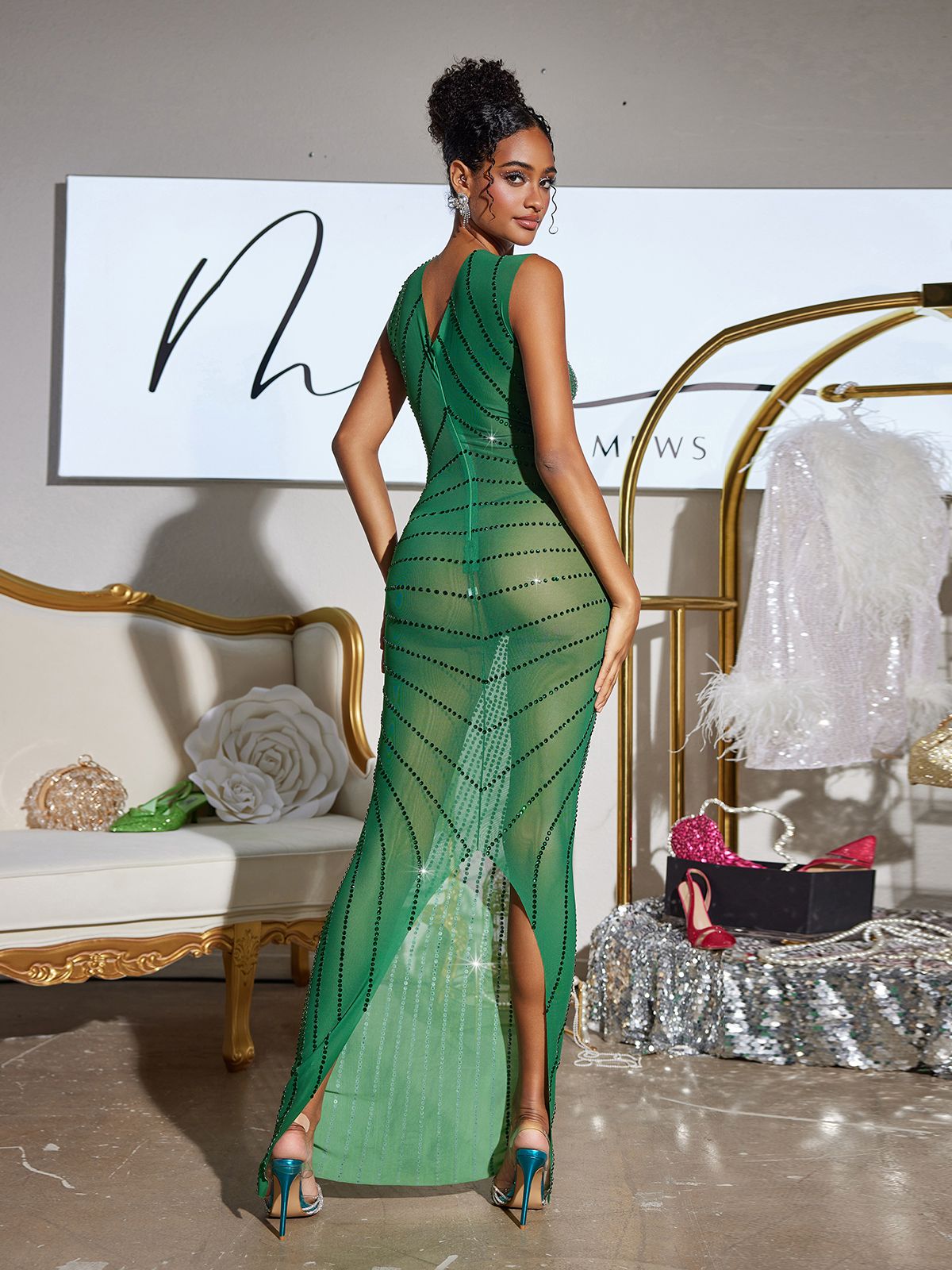 Yeşil Brody Baskılı Rhinestone Yırtmaçlı Maxi Elbise