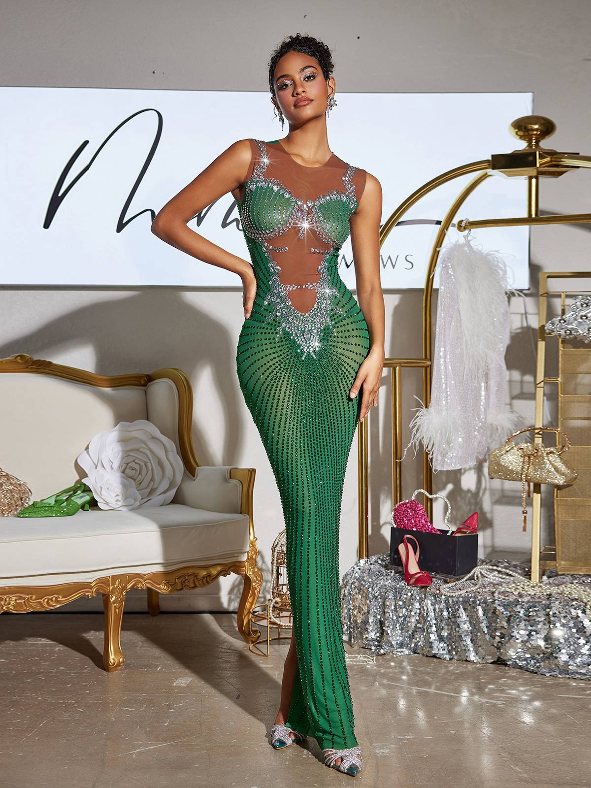 Yeşil Brody Baskılı Rhinestone Yırtmaçlı Maxi Elbise