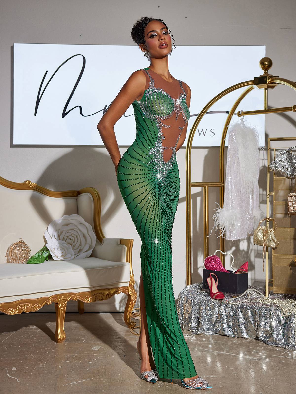 Yeşil Brody Baskılı Rhinestone Yırtmaçlı Maxi Elbise