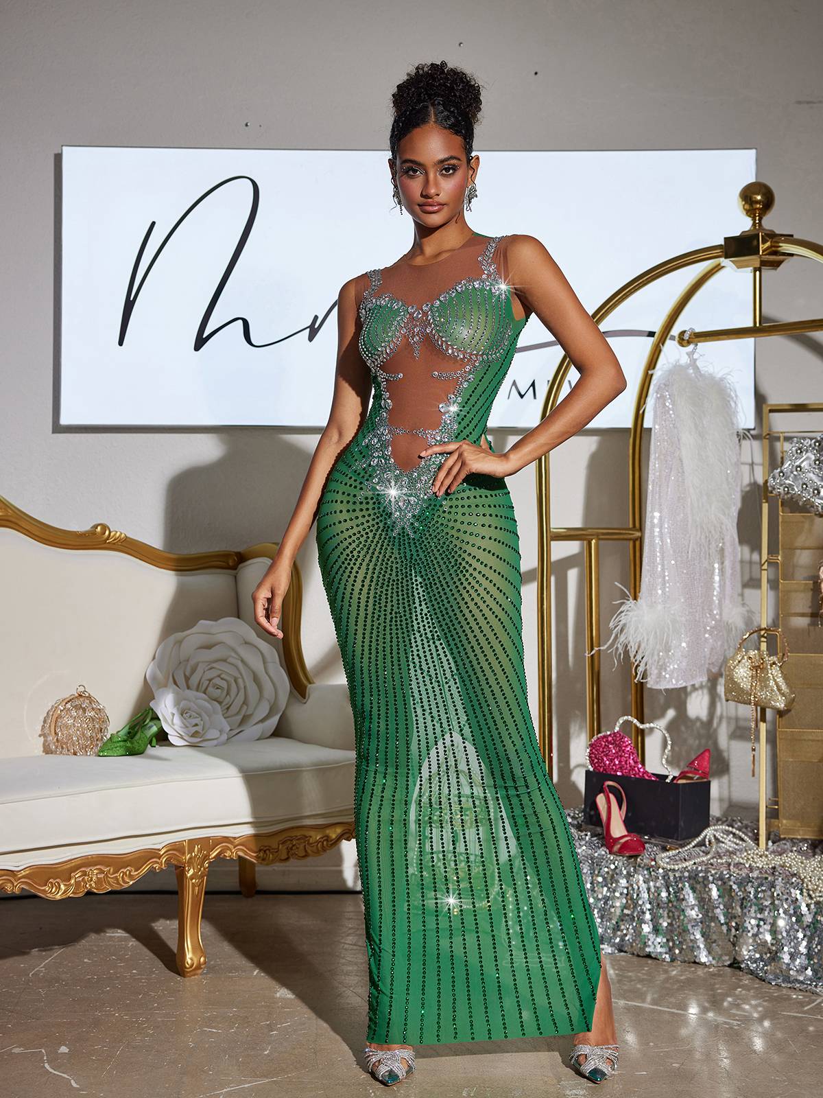 Yeşil Brody Baskılı Rhinestone Yırtmaçlı Maxi Elbise