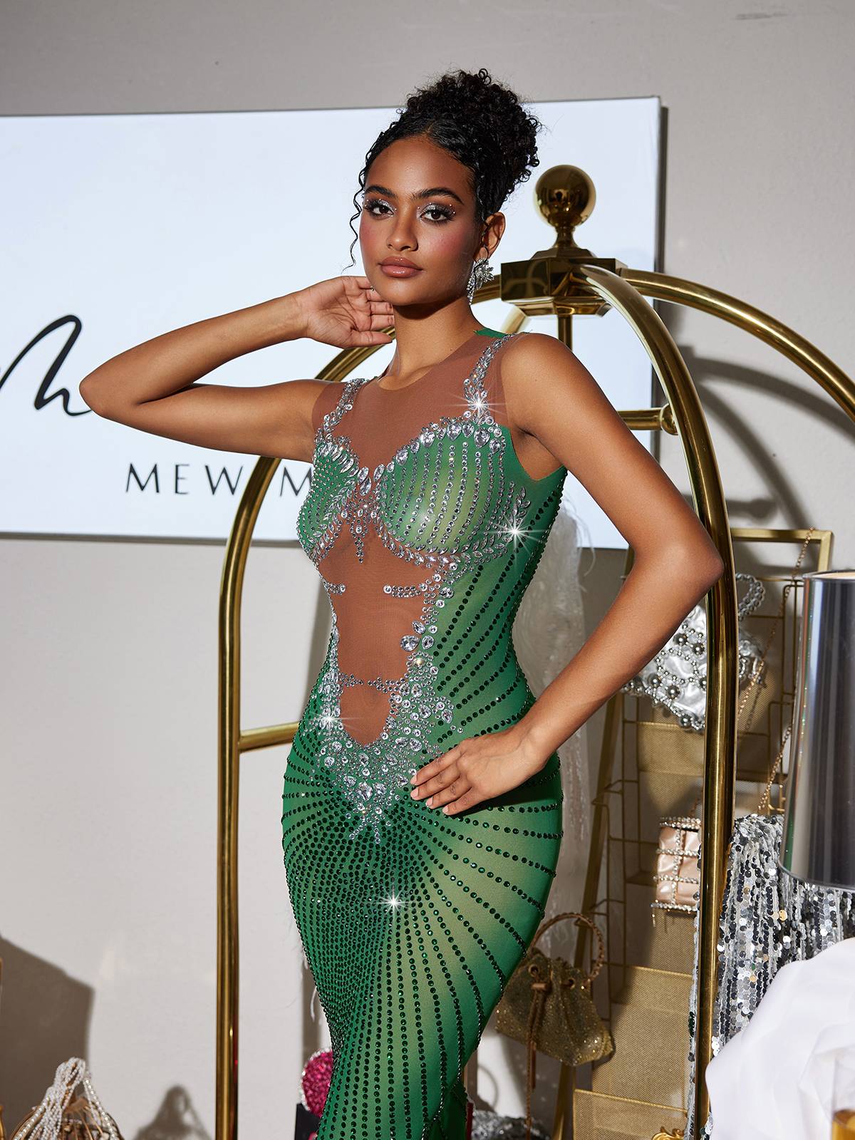 Yeşil Brody Baskılı Rhinestone Yırtmaçlı Maxi Elbise