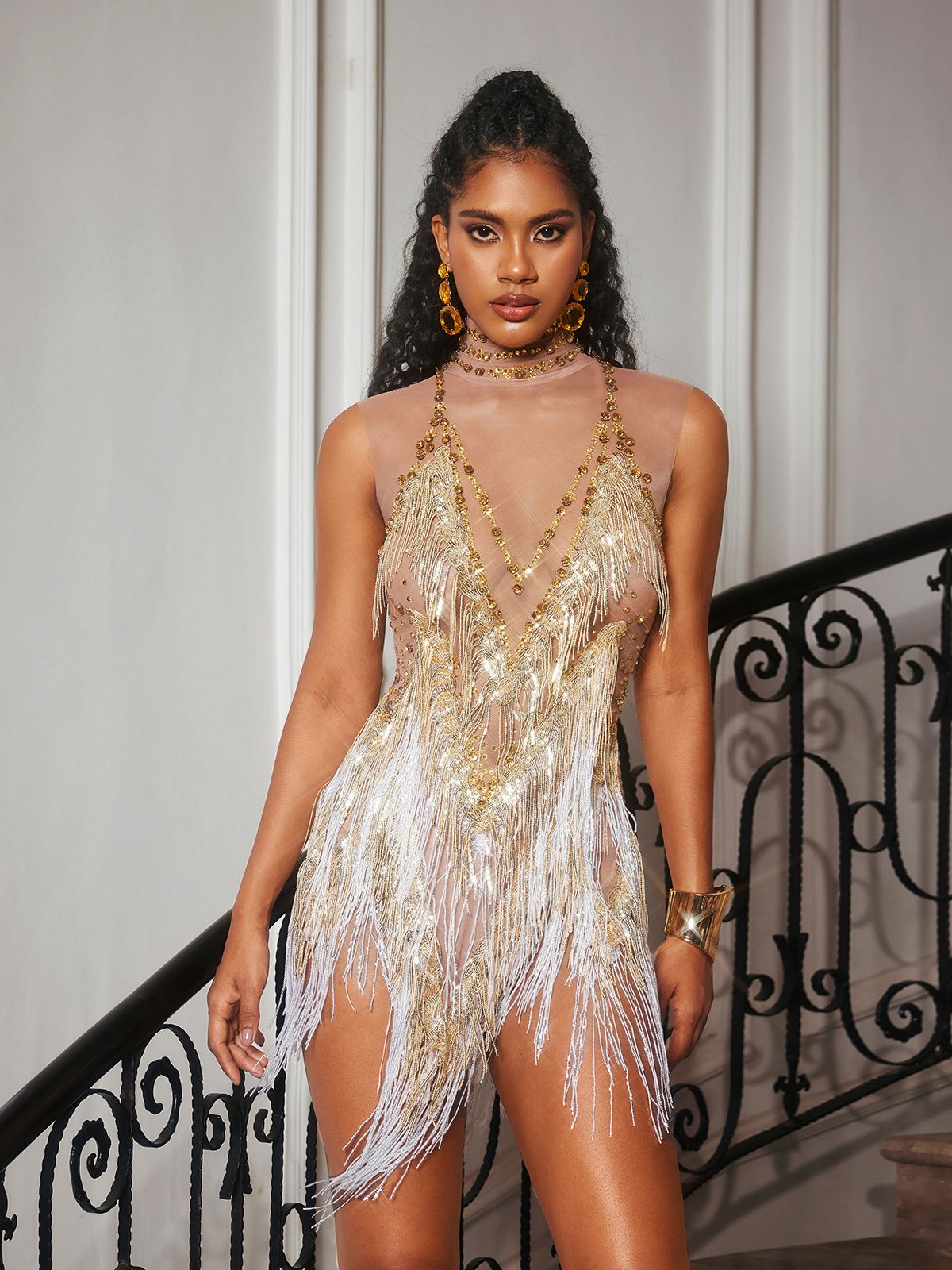 Buggan Rhinestone Fringe Mesh Mini Bodysuit Altın