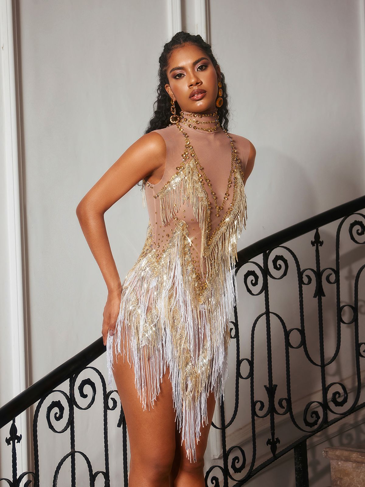 Buggan Taşlı Fringe Ağı Mesh Mini Bodysuit Altın