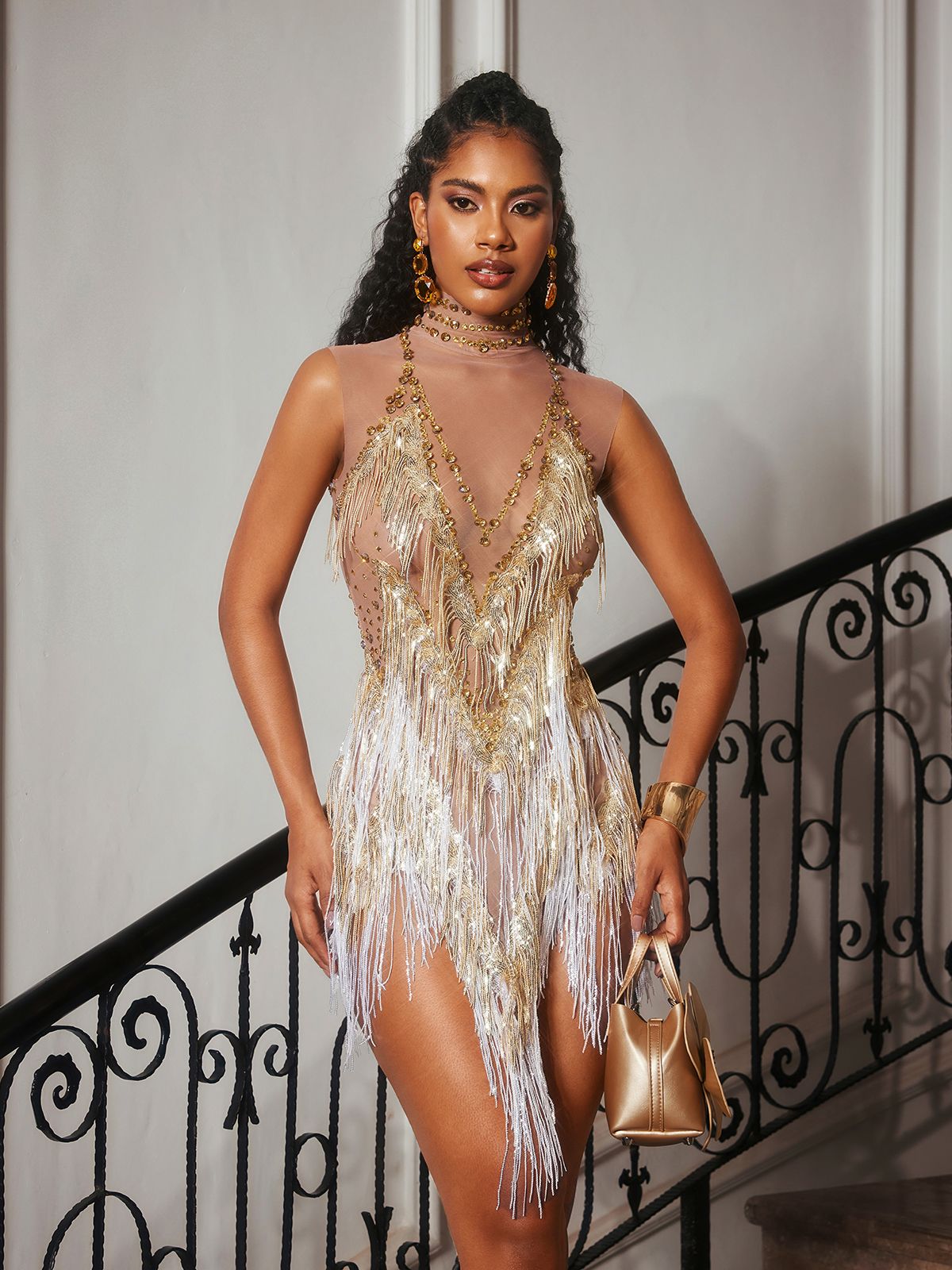Buggan Rhinestone Fringe Mesh Mini Bodysuit Altın