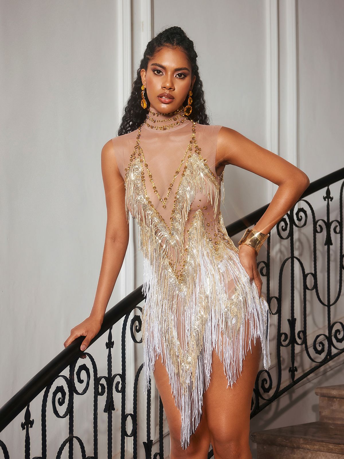 Buggan Rhinestone Fringe Mesh Mini Bodysuit Altın