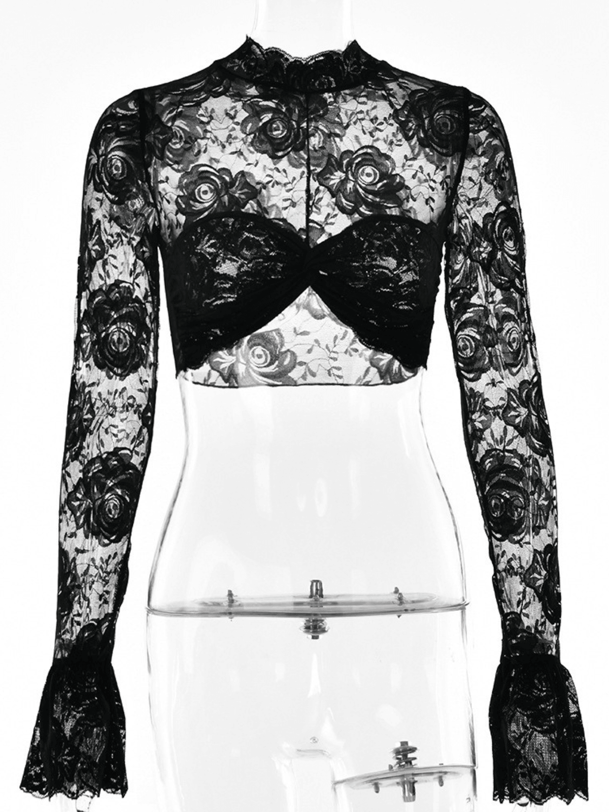 Siyah Calida Çiçekli Kısa Dantel Üst