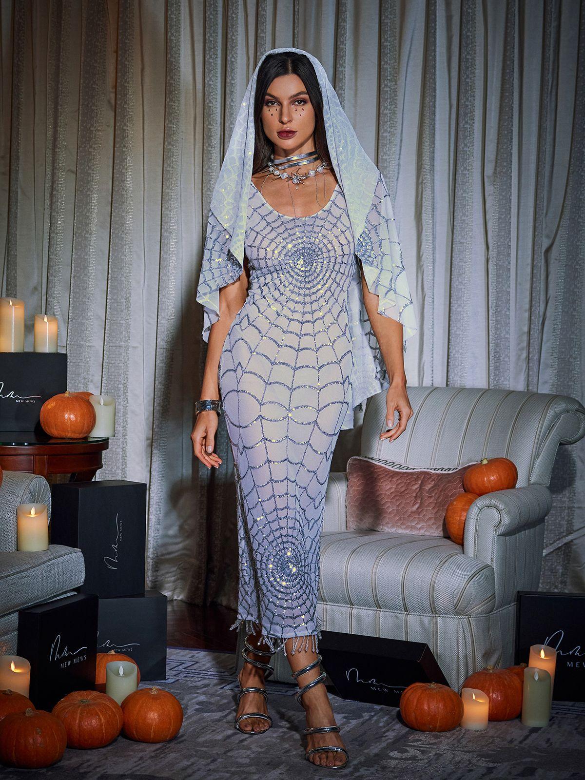 Calyx Scoop Neck Cobweb Payet Midi Elbise Beyaz