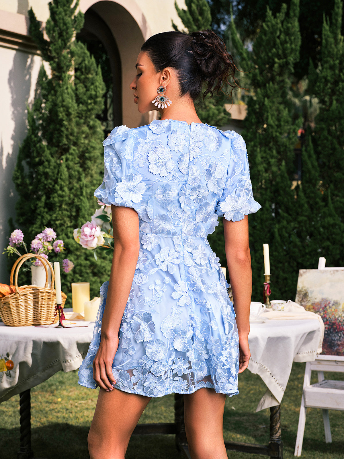 Mavi Kamuflaj V Yaka Çiçek Nakışlı Mini Elbise