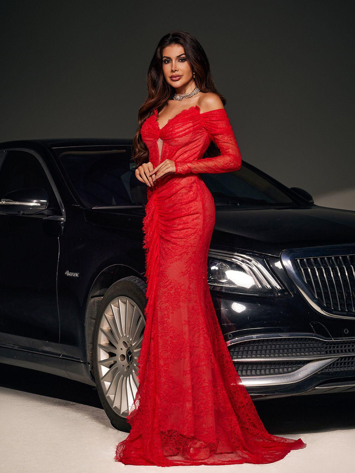 Capella Off Shoulder Dantelalı Deniz Kızı Maxi Elbise