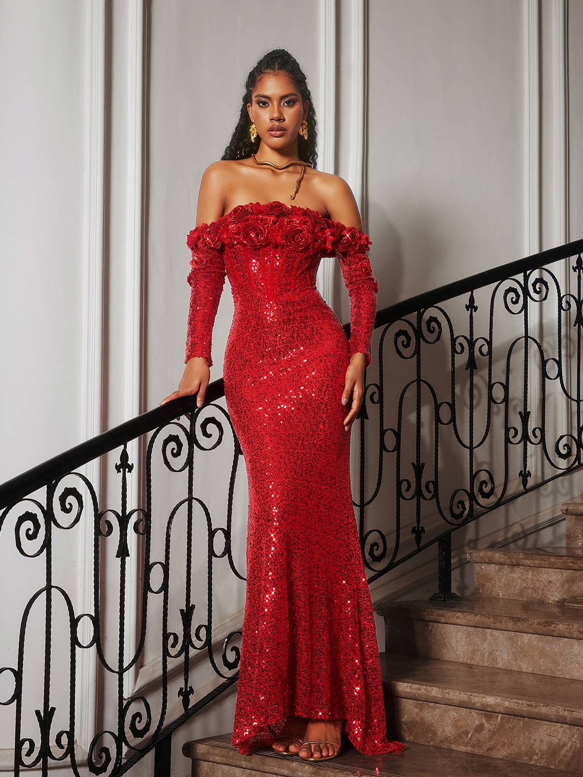 Catherynne Off Shoulder Çiçek Payet Maxi Elbise