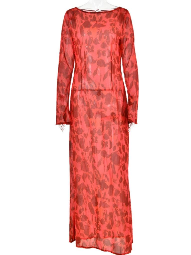 Cecily Uzun Kollu Gül Desenli Maxi Elbise