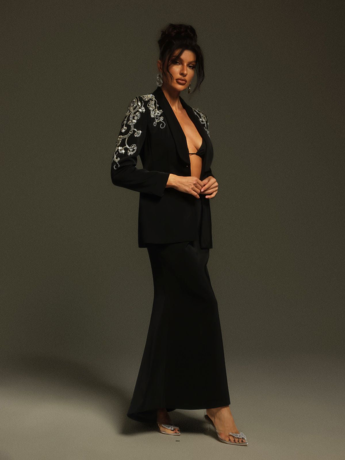 Charelle Uzun Kollu Rhinestone Blazer Seti
