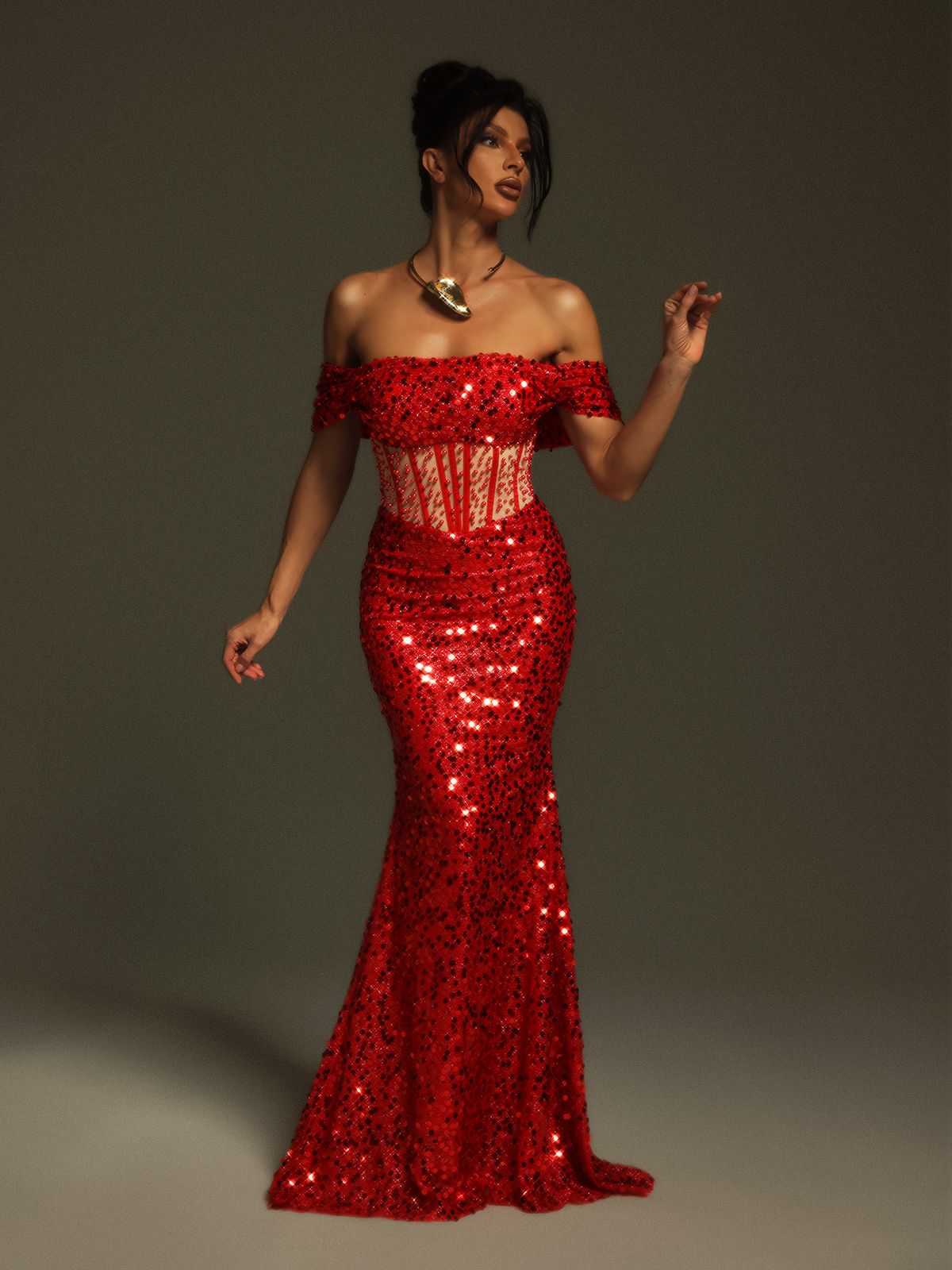 Christena Off Shoulder Payet Korse Maxi Elbise