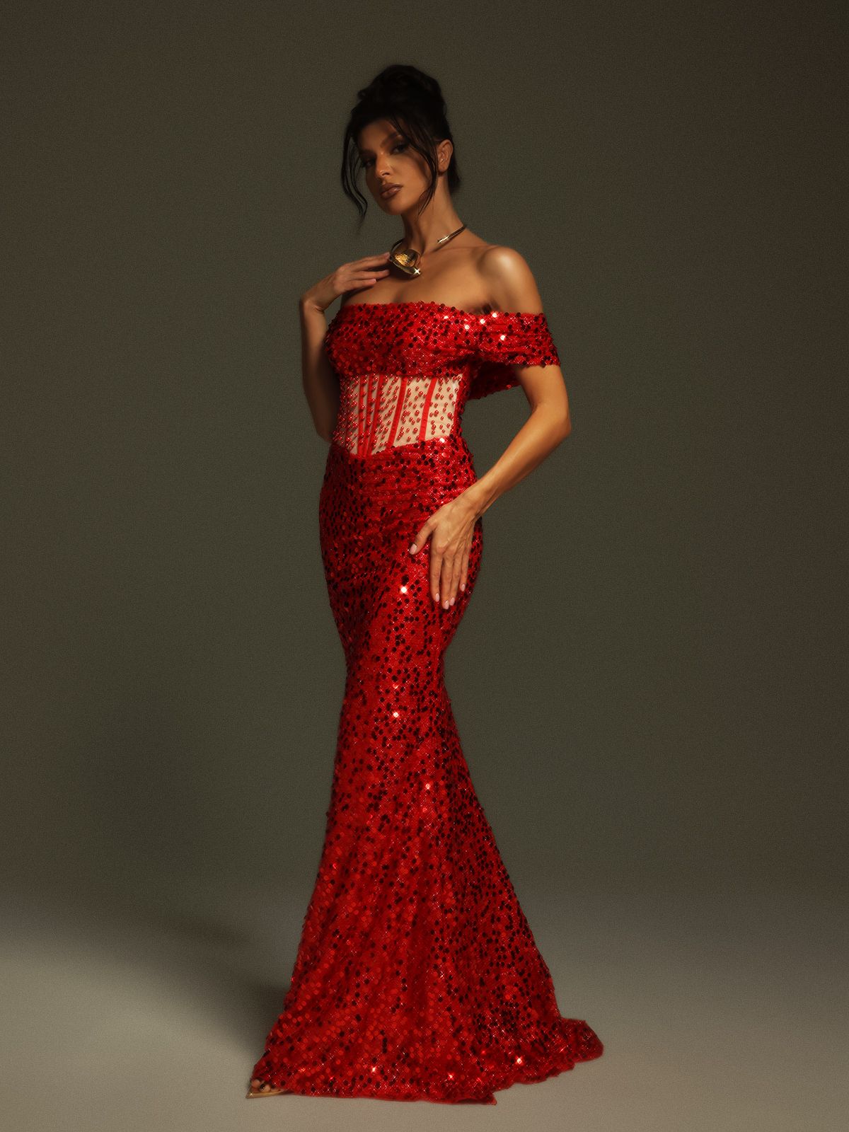 Christena Off Shoulder Payet Korse Maxi Elbise